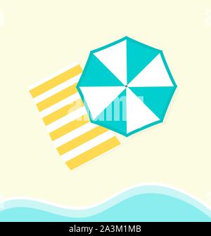 La serviette et le soleil bleu sur la plage et mer vague. Vector illustration Illustration de Vecteur