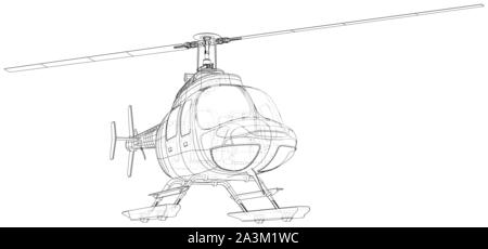 Hélicoptère en contours style. Illustration de la représentation filaire créé 3d. Illustration de Vecteur