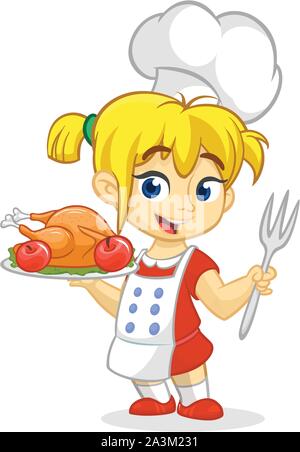 Caricature mignonne petite fille blonde en tablier et chapeau de chef servant de dinde de Thanksgiving lave holding a tray et fourchette. Vector illustration isolé. Illustration de Vecteur