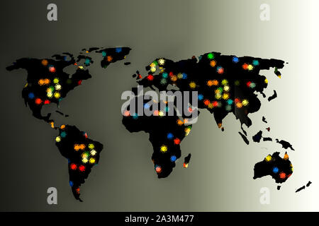 Carte du monde décrit environ avec des lumières sur fond gris Banque D'Images