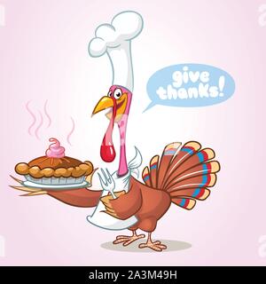 Funny cartoon Thanksgiving Turquie cuire servant à la citrouille et la tenue d'une fourchette. Cartoon Vector isolated Illustration de Vecteur