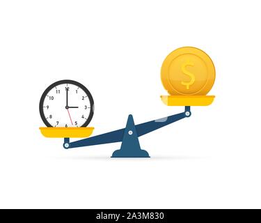 Le temps est de l'argent sur l'icône de l'échelle. L'argent et du temps en équilibre sur l'échelle. Stock Vector illustration. Illustration de Vecteur