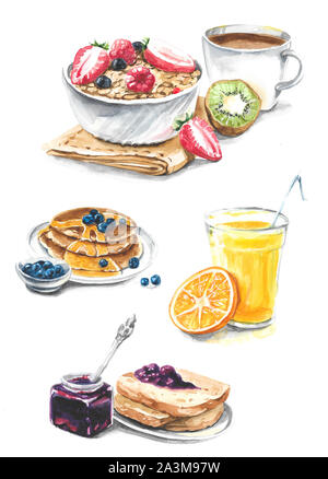 Collection de différents hôtes - jus de fruits, confiture, crêpes, café, pain, muesli Banque D'Images