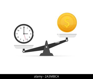 Le temps est de l'argent sur l'icône de l'échelle. L'argent et du temps en équilibre sur l'échelle. Stock Vector illustration. Illustration de Vecteur