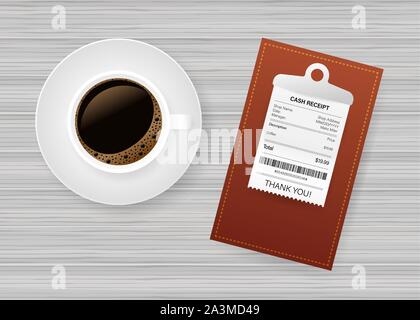 Dossier avec vérification du papier. Tasse à café. Paiement de la facture du restaurant. Chèque de caisse, facture, commande. Illustration du stock vectoriel. Illustration de Vecteur