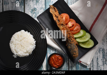 Poisson-chat frit avec du riz, de l'Indonesian lave Banque D'Images
