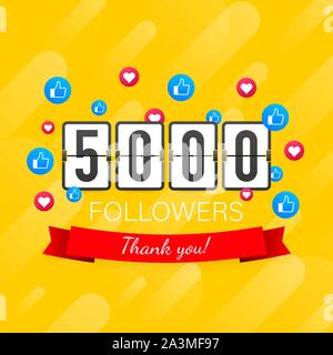 5000 followers, je vous remercie, sites sociaux post. Merci disciples félicitations carte. Stock Vector illustration Illustration de Vecteur