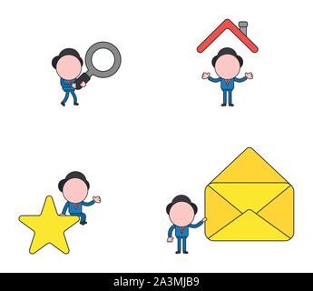 Illustration vecteur ensemble de caractère mascot businessman walking and holding magnifying glass, sous toit de maison, assis sur Star et maintenant ouvrez Mail Illustration de Vecteur