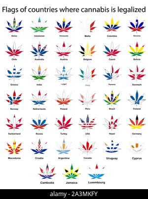 Un ensemble de drapeaux de pays où la marijuana est légalisé, le cannabis Illustration de Vecteur