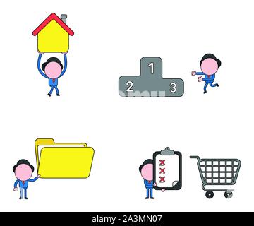 Vector illustration set of businessman mascot character la marche et l'exercice en cours, la chambre aux gagnants podium, holding holding et de dossier ouvert cl Illustration de Vecteur