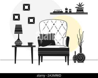 Chaise, table avec mug. Étagère avec livres et de plantes. Hand drawn vector illustration d'un style croquis Illustration de Vecteur