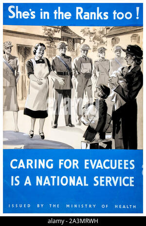 British, WW2, affiche Evacuation of Children, elle est dans les rangs aussi!, l'entraide pour les évacués est un service national, (figure de soignant d'accueil parmi les soldats), 1939-1946 Banque D'Images