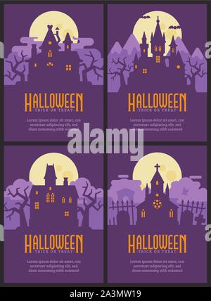 Des dépliants avec quatre maisons d'Halloween. Hutte de sorcière, Vampire Castle, maison hantée et cimetière chapelle. Spooky Halloween posters Illustration de Vecteur