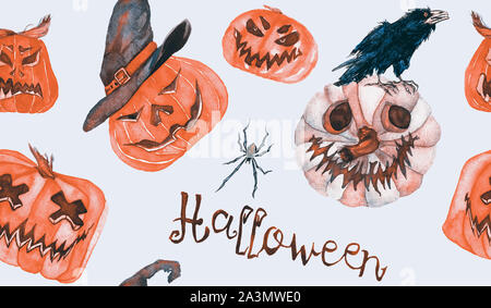 Colourfull Halloween pattern design, citrouille, sorcière chapeau, spider, Crow. Aquarelle peinte à la main sur fond blanc Banque D'Images