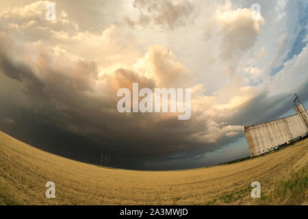 Les nuages d'orage menaçant derrière un champ de blé et silo à grains au Texas, United States Banque D'Images