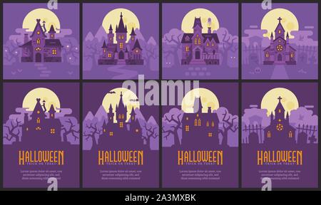 Quatre maisons d'Halloween et de prospectus. Hutte de sorcière, Vampire Castle, maison hantée et cimetière chapelle. Spooky Halloween Origines et posters Illustration de Vecteur