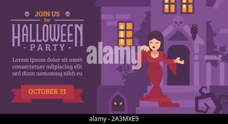 Flyer Halloween avec une femme dans une robe rouge dans une maison hantée Banque D'Images