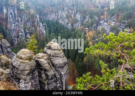 Les grimpeurs paradies à montagnes Elbsandstein, Autuum avec arbres colorés, Lilienstein Plateau en arrière-plan, Allemagne Banque D'Images