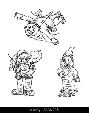 Drôle de jeu, gnomes dans hat flying sur petites ailes, bec sucré manger gnome lollipops, cool un pipe, contours doodle croquis illustration Banque D'Images