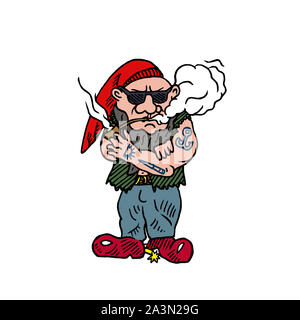 Gnome cool avec des tatouages dans red hat fumeurs, tuyaux colorés dessinés à la main, croquis doodle illustration, parfait pour l'invitation, carte de vœux, design Banque D'Images