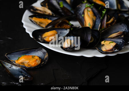 Manger des fruits de mer sains concept. Moules vapeur sur fond noir. Selective focus Banque D'Images