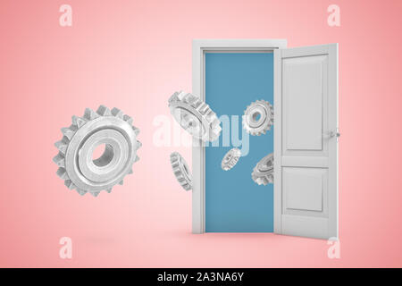 Le rendu 3D de l'ensemble de roues d'engrenages métalliques de grande taille de l'avion porte ouverte sur fond copyspace dégradé rose. Banque D'Images