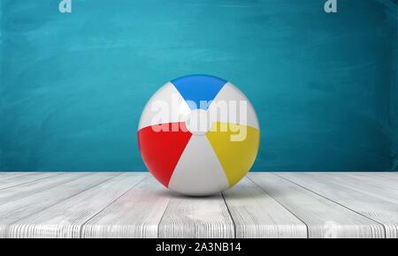 Le rendu 3D de ballon de plage à rayures sur la surface en bois près de blue wall. Banque D'Images