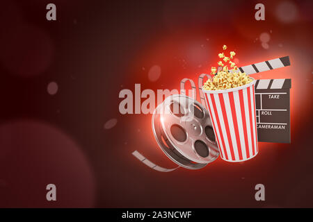 Le rendu 3D de bobine de film rétro, pop corn et godet sur bokeh background 1/18eme crimson avec copie espace. Banque D'Images