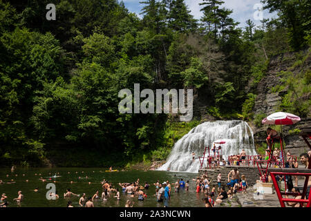 Les nageurs apprécient le trou de baignade à Enfield Falls (Lower Falls), au parc national Robert H. Treman, New York Banque D'Images