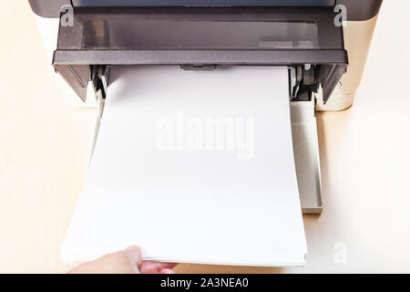 Le chargement des feuilles de papier vierge dans le bac de l'imprimante multi fonctions appareil sur table Banque D'Images