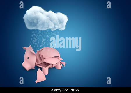 Le rendu 3D de broken pink piggy bank sous rainy nuage blanc sur fond bleu Banque D'Images