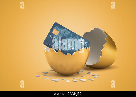 Le rendu 3D de bleu carte bancaire l'éclosion des oeufs d'or sur fond jaune Banque D'Images