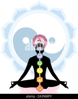 Méditation méditation yoga Asana Posture avec symbole Om Mandala et les sept chakras dans l'ordre de la colonne vertébrale. vector illustration Illustration de Vecteur