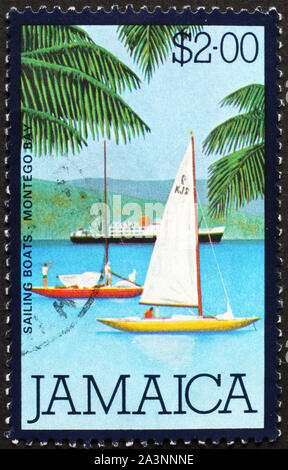 Bateaux à voile sur des timbres de la Jamaïque Banque D'Images