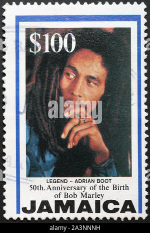 Portrait de Bob Marley sur timbre jamaïcaine Banque D'Images