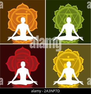 Méditant sur la posture du Lotus Lotus avec symbole chakras vector illustration. Illustration de Vecteur