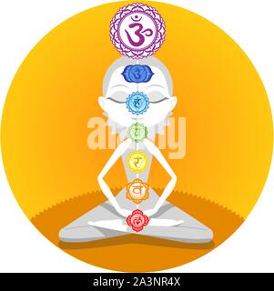 Méditation méditation yoga Asana Posture avec Om Symbole Mandala Chakras Illustration de Vecteur