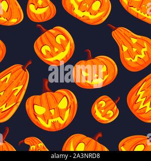 Profil de Seamless mignon et Scary Halloween pumpkins avec visages cartoon légumes télévision vector illustration sur fond sombre. Illustration de Vecteur