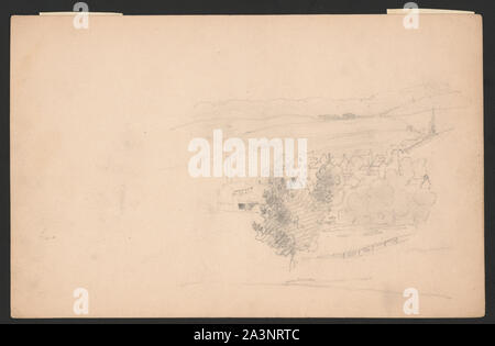 Croquis d'un village à partir d'une observation, ou d'usine en usine avec cheminée sur la gauche, les prairies à l'arrière-plan Banque D'Images