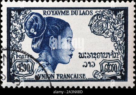 Portrait de femme vintage stamp du Laos Banque D'Images