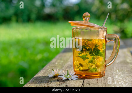 Tasse de tisane Camomille en bonne santé, daisy fleurs médicinales sur table en bois à l'extérieur. Banque D'Images