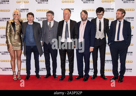 (De gauche à droite) Pixie Lott, James Blunt, Steve Coogan, Michael Winterbottom, David Mitchell, Asa Butterfield et Tim Key participant à la cupidité Première européenne dans le cadre de la BFI London Film Festival 2019 qui a eu lieu à l'odéon Luxe, Leicester Square à Londres. PA Photo. Photo date : mercredi 9 octobre 2019. Crédit photo doit se lire : fil PA Banque D'Images