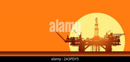 Plate-forme pétrolière en mer. La plate-forme de forage en mer au coucher de soleil Illustration de Vecteur