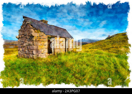 L'aquarelle d'un vieux bothy à Elphin dans les Highlands d'Ecosse Banque D'Images