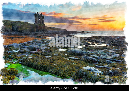 L'aquarelle du lever du soleil à Keiss Château près de mèche dans l'extrême nord de l'Ecosse Banque D'Images