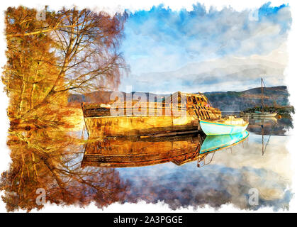 Peinture de vieux bateaux de pêche sur le Loch Ness à Fort Augustus dans les Highlands d'Ecosse Banque D'Images