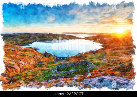 L'aquarelle d'un magnifique coucher de soleil sur ruines à manish sur l'île de Harris dans les Hébrides extérieures d'Écosse Banque D'Images