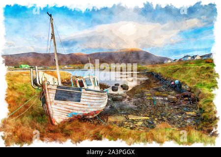 L'aquarelle d'un vieux bateau de pêche en bois à Leverburgh sur l'île de Harris dans les Hébrides extérieures d'Écosse Banque D'Images