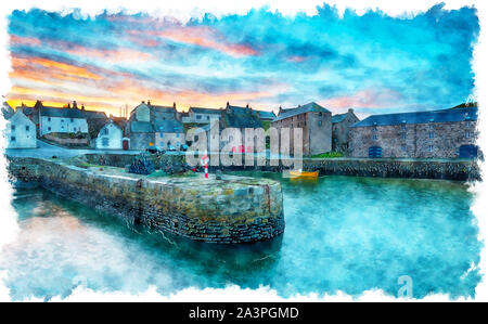 Peinture de coucher du soleil à le joli port de pêche de Portsoy dans Aberdeenshire en Écosse Banque D'Images