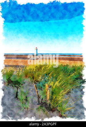 L'aquarelle du point de phare de Talacre à Ayr, dans le nord du Pays de Galles Banque D'Images